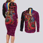 Brisbane Lions ANZAC Personalised Couples Matching Long Sleeve Bodycon Dress and Long Sleeve Button Shirt Lest We Forget Poppy Camo