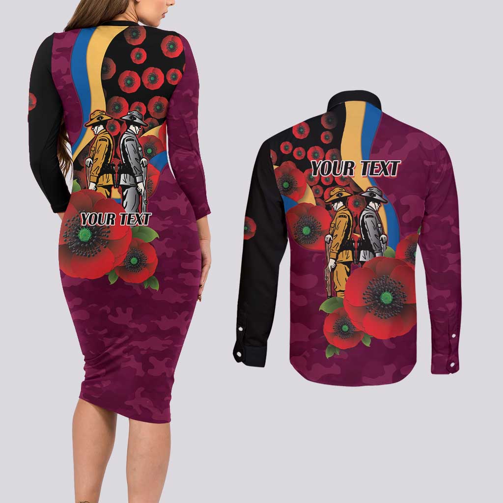 Brisbane Lions ANZAC Personalised Couples Matching Long Sleeve Bodycon Dress and Long Sleeve Button Shirt Lest We Forget Poppy Camo