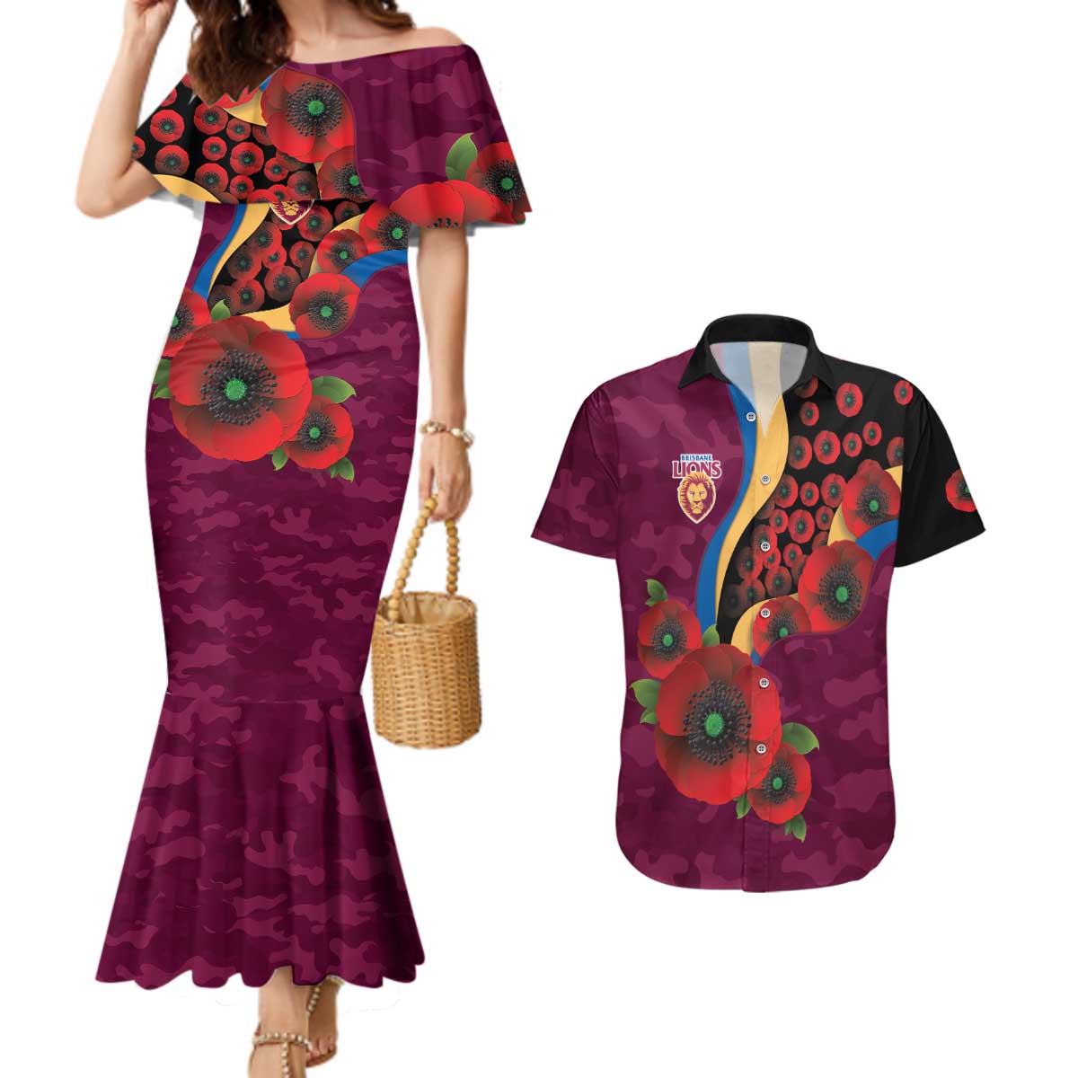 Brisbane Lions ANZAC Personalised Couples Matching Mermaid Dress and Hawaiian Shirt Lest We Forget Poppy Camo