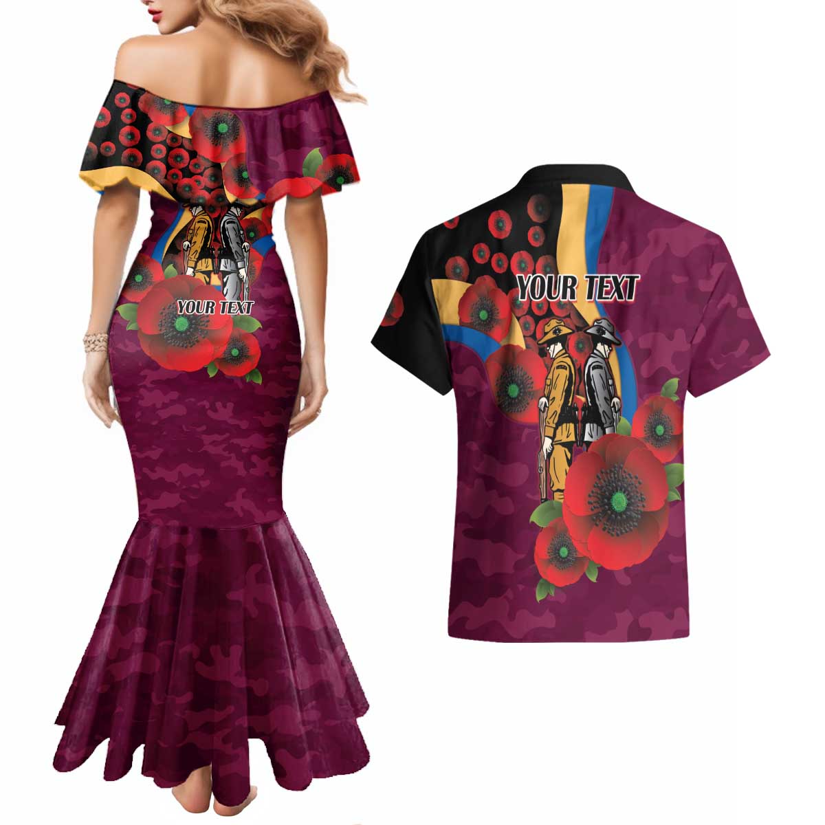 Brisbane Lions ANZAC Personalised Couples Matching Mermaid Dress and Hawaiian Shirt Lest We Forget Poppy Camo