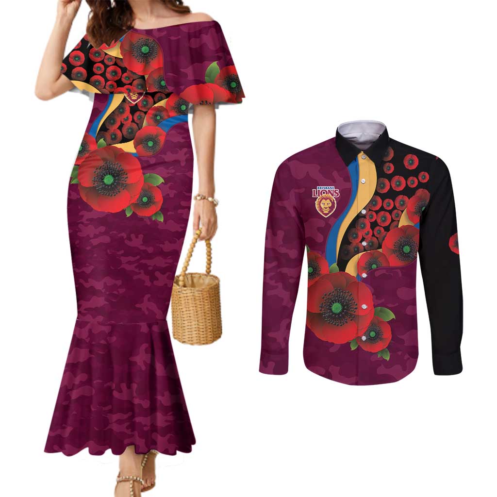 Brisbane Lions ANZAC Personalised Couples Matching Mermaid Dress and Long Sleeve Button Shirt Lest We Forget Poppy Camo