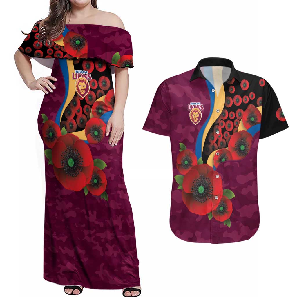 Brisbane Lions ANZAC Personalised Couples Matching Off Shoulder Maxi Dress and Hawaiian Shirt Lest We Forget Poppy Camo