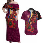 Brisbane Lions ANZAC Personalised Couples Matching Off Shoulder Maxi Dress and Hawaiian Shirt Lest We Forget Poppy Camo
