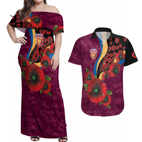 Brisbane Lions ANZAC Personalised Couples Matching Off Shoulder Maxi Dress and Hawaiian Shirt Lest We Forget Poppy Camo