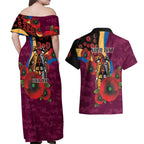 Brisbane Lions ANZAC Personalised Couples Matching Off Shoulder Maxi Dress and Hawaiian Shirt Lest We Forget Poppy Camo