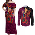 Brisbane Lions ANZAC Personalised Couples Matching Off Shoulder Maxi Dress and Long Sleeve Button Shirt Lest We Forget Poppy Camo