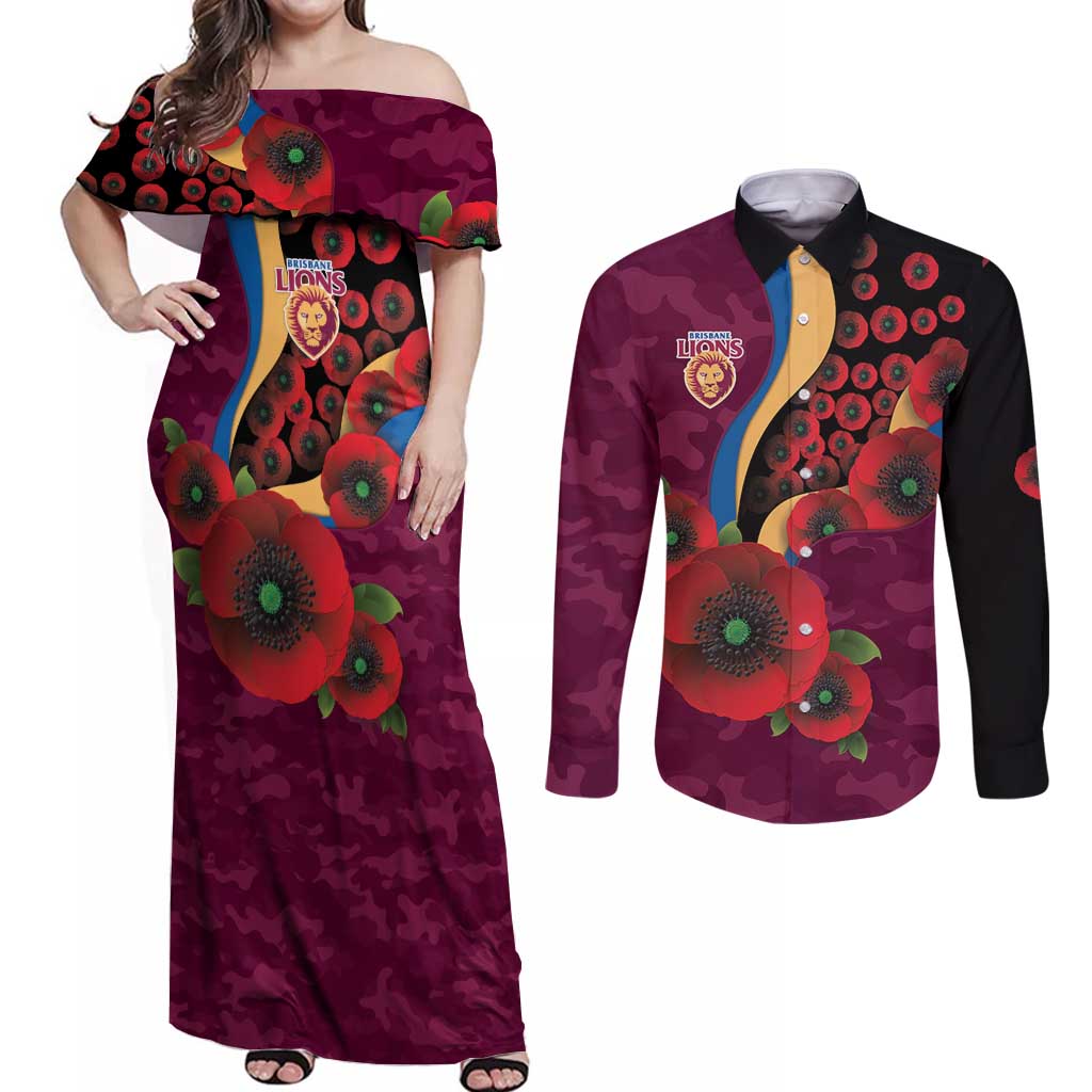 Brisbane Lions ANZAC Personalised Couples Matching Off Shoulder Maxi Dress and Long Sleeve Button Shirt Lest We Forget Poppy Camo