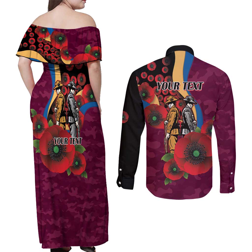 Brisbane Lions ANZAC Personalised Couples Matching Off Shoulder Maxi Dress and Long Sleeve Button Shirt Lest We Forget Poppy Camo