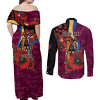 Brisbane Lions ANZAC Personalised Couples Matching Off Shoulder Maxi Dress and Long Sleeve Button Shirt Lest We Forget Poppy Camo