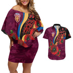 Brisbane Lions ANZAC Personalised Couples Matching Off Shoulder Short Dress and Hawaiian Shirt Lest We Forget Poppy Camo