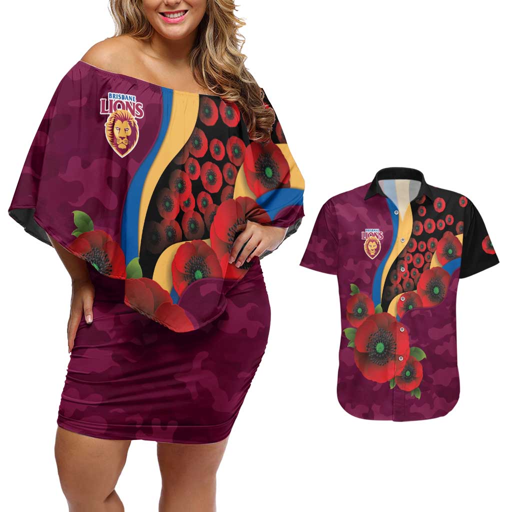 Brisbane Lions ANZAC Personalised Couples Matching Off Shoulder Short Dress and Hawaiian Shirt Lest We Forget Poppy Camo