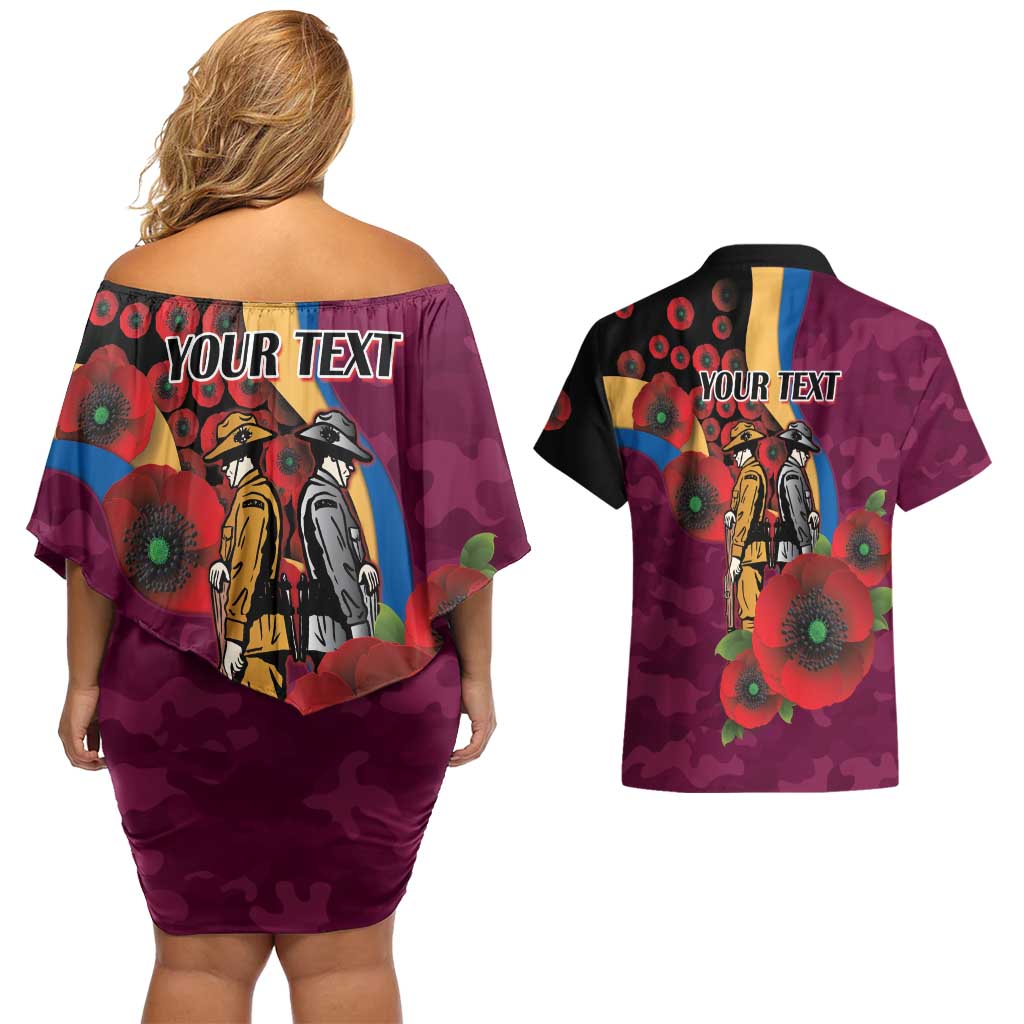 Brisbane Lions ANZAC Personalised Couples Matching Off Shoulder Short Dress and Hawaiian Shirt Lest We Forget Poppy Camo