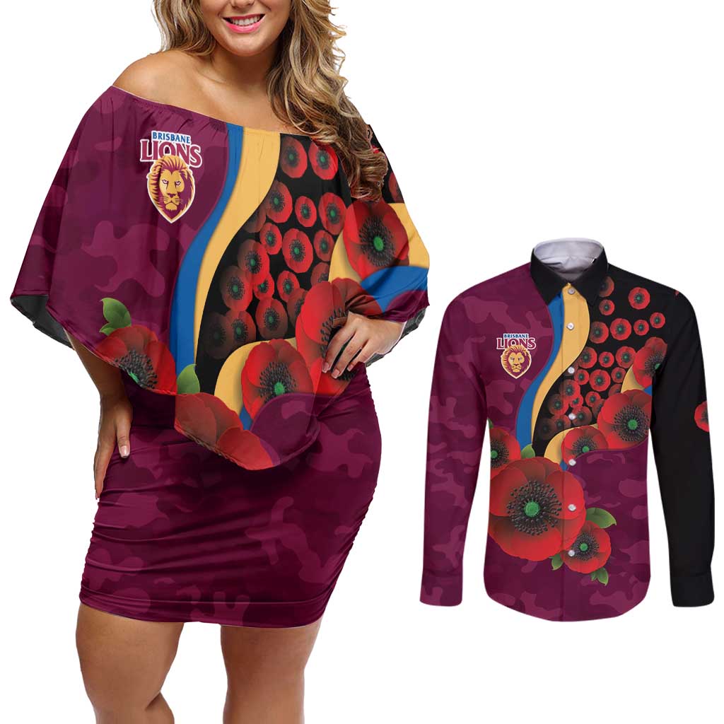 Brisbane Lions ANZAC Personalised Couples Matching Off Shoulder Short Dress and Long Sleeve Button Shirt Lest We Forget Poppy Camo