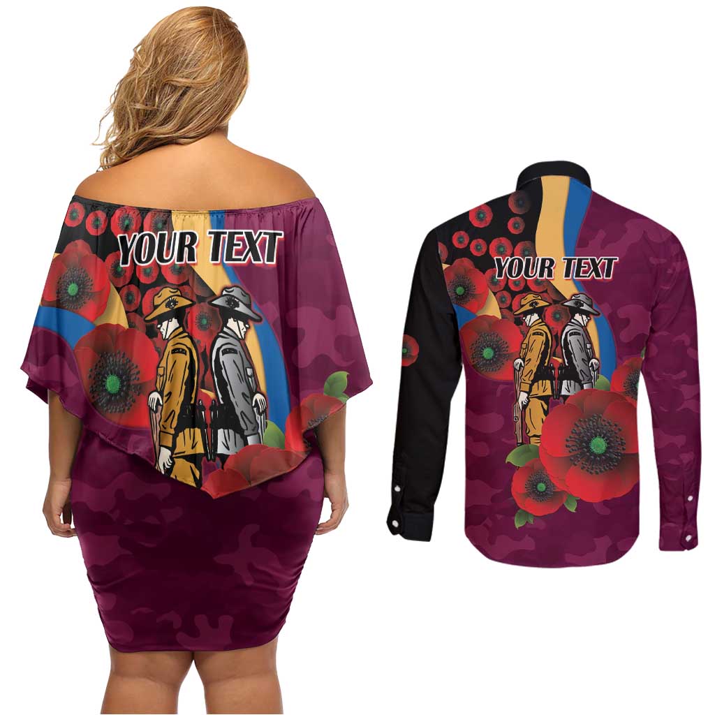 Brisbane Lions ANZAC Personalised Couples Matching Off Shoulder Short Dress and Long Sleeve Button Shirt Lest We Forget Poppy Camo