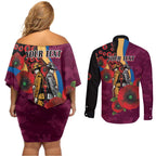 Brisbane Lions ANZAC Personalised Couples Matching Off Shoulder Short Dress and Long Sleeve Button Shirt Lest We Forget Poppy Camo