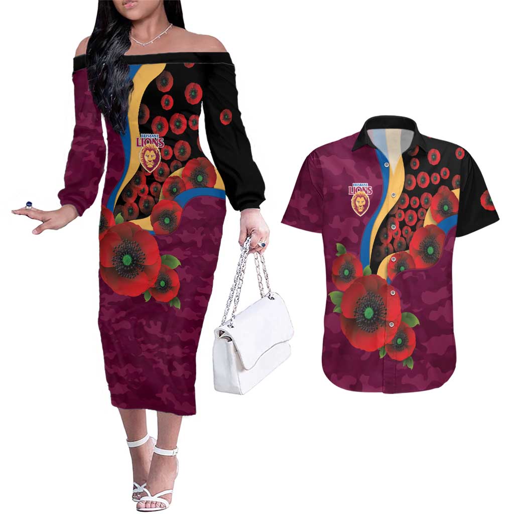 Brisbane Lions ANZAC Personalised Couples Matching Off The Shoulder Long Sleeve Dress and Hawaiian Shirt Lest We Forget Poppy Camo