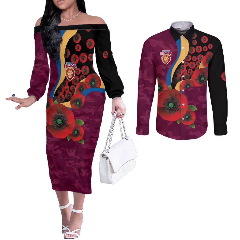 Brisbane Lions ANZAC Personalised Couples Matching Off The Shoulder Long Sleeve Dress and Long Sleeve Button Shirt Lest We Forget Poppy Camo