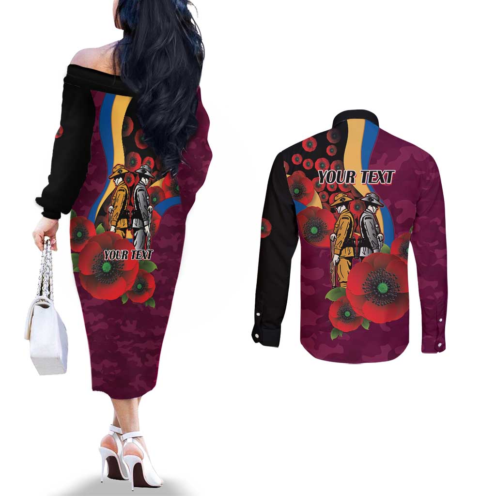 Brisbane Lions ANZAC Personalised Couples Matching Off The Shoulder Long Sleeve Dress and Long Sleeve Button Shirt Lest We Forget Poppy Camo