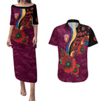 Brisbane Lions ANZAC Personalised Couples Matching Puletasi and Hawaiian Shirt Lest We Forget Poppy Camo