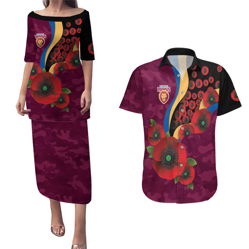 Brisbane Lions ANZAC Personalised Couples Matching Puletasi and Hawaiian Shirt Lest We Forget Poppy Camo
