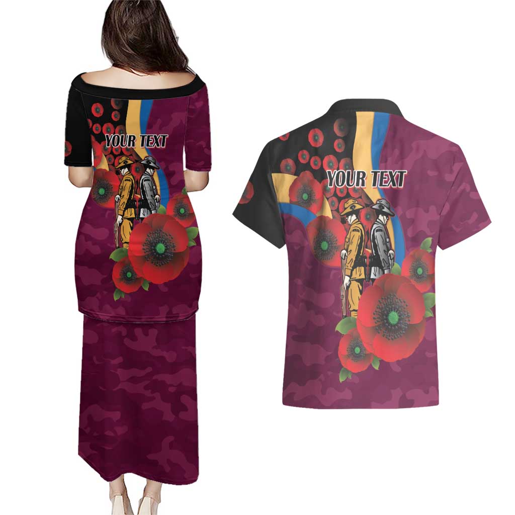 Brisbane Lions ANZAC Personalised Couples Matching Puletasi and Hawaiian Shirt Lest We Forget Poppy Camo