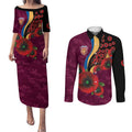 Brisbane Lions ANZAC Personalised Couples Matching Puletasi and Long Sleeve Button Shirt Lest We Forget Poppy Camo
