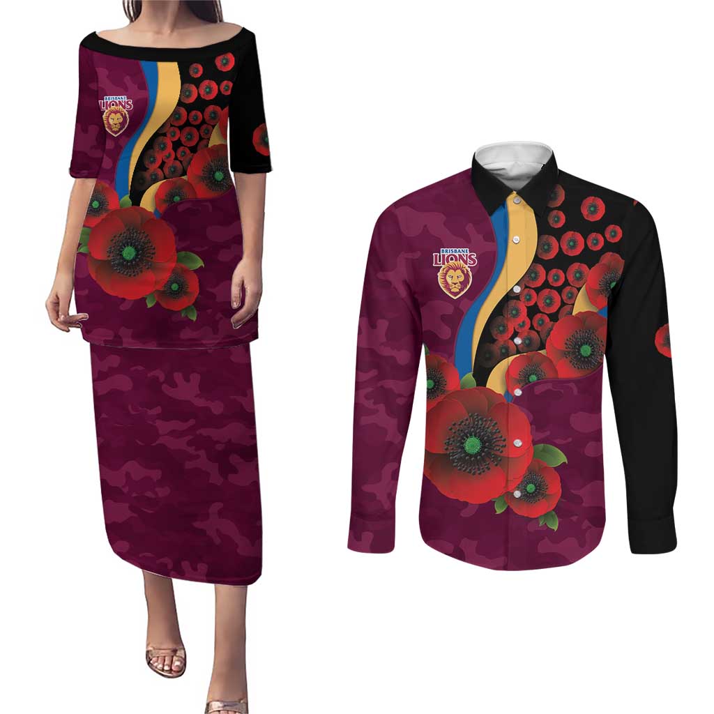 Brisbane Lions ANZAC Personalised Couples Matching Puletasi and Long Sleeve Button Shirt Lest We Forget Poppy Camo