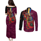 Brisbane Lions ANZAC Personalised Couples Matching Puletasi and Long Sleeve Button Shirt Lest We Forget Poppy Camo