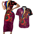 Brisbane Lions ANZAC Personalised Couples Matching Short Sleeve Bodycon Dress and Hawaiian Shirt Lest We Forget Poppy Camo
