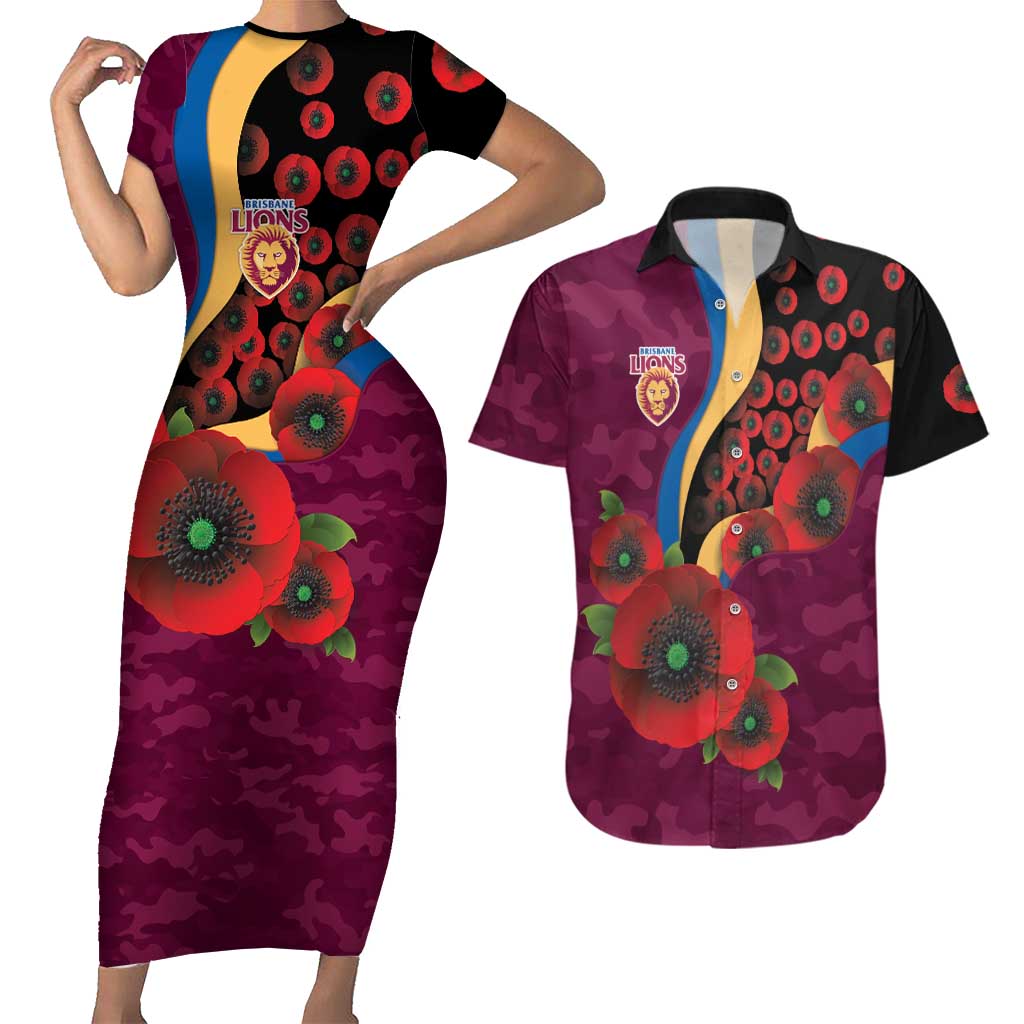 Brisbane Lions ANZAC Personalised Couples Matching Short Sleeve Bodycon Dress and Hawaiian Shirt Lest We Forget Poppy Camo