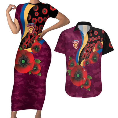 Brisbane Lions ANZAC Personalised Couples Matching Short Sleeve Bodycon Dress and Hawaiian Shirt Lest We Forget Poppy Camo