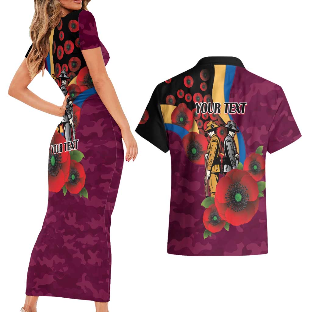 Brisbane Lions ANZAC Personalised Couples Matching Short Sleeve Bodycon Dress and Hawaiian Shirt Lest We Forget Poppy Camo