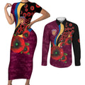 Brisbane Lions ANZAC Personalised Couples Matching Short Sleeve Bodycon Dress and Long Sleeve Button Shirt Lest We Forget Poppy Camo