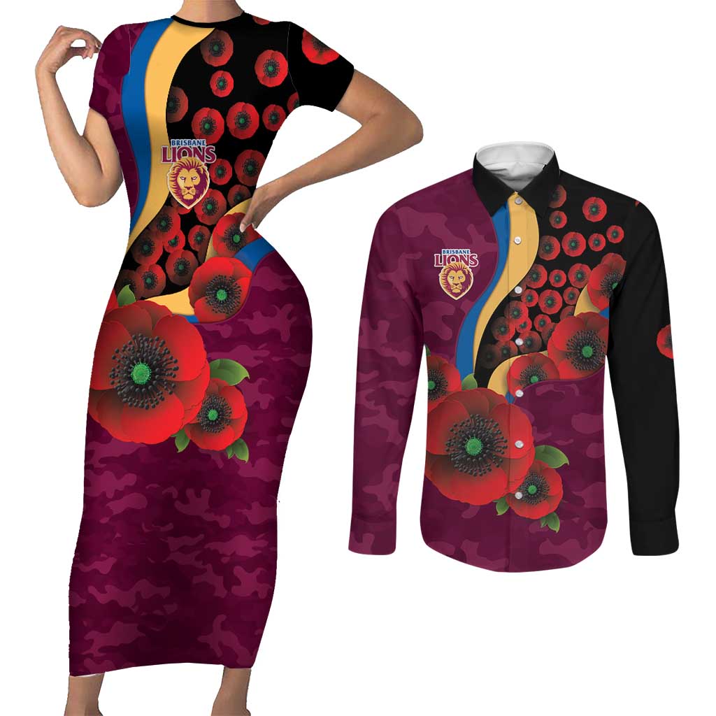 Brisbane Lions ANZAC Personalised Couples Matching Short Sleeve Bodycon Dress and Long Sleeve Button Shirt Lest We Forget Poppy Camo