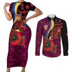 Brisbane Lions ANZAC Personalised Couples Matching Short Sleeve Bodycon Dress and Long Sleeve Button Shirt Lest We Forget Poppy Camo