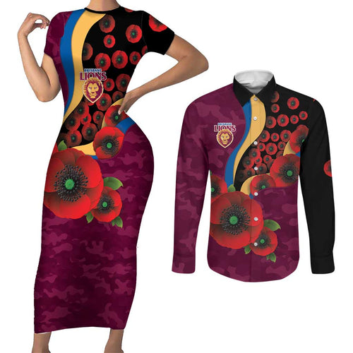 Brisbane Lions ANZAC Personalised Couples Matching Short Sleeve Bodycon Dress and Long Sleeve Button Shirt Lest We Forget Poppy Camo