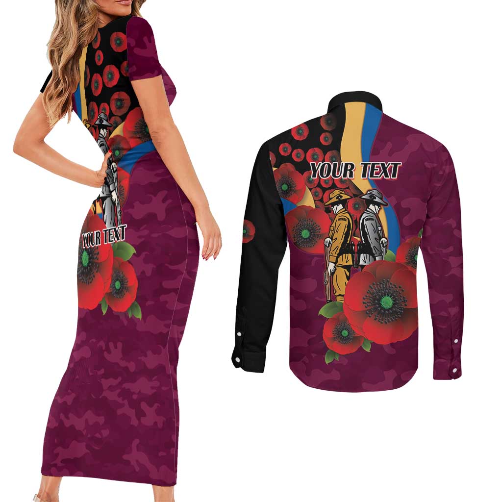 Brisbane Lions ANZAC Personalised Couples Matching Short Sleeve Bodycon Dress and Long Sleeve Button Shirt Lest We Forget Poppy Camo
