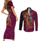 Brisbane Lions ANZAC Personalised Couples Matching Short Sleeve Bodycon Dress and Long Sleeve Button Shirt Lest We Forget Poppy Camo