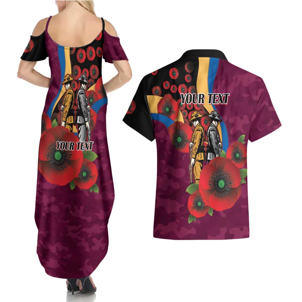 Brisbane Lions ANZAC Personalised Couples Matching Summer Maxi Dress and Hawaiian Shirt Lest We Forget Poppy Camo