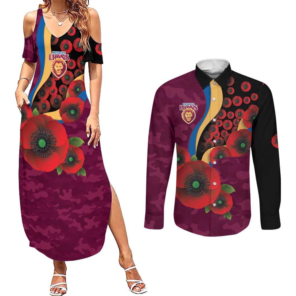 Brisbane Lions ANZAC Personalised Couples Matching Summer Maxi Dress and Long Sleeve Button Shirt Lest We Forget Poppy Camo