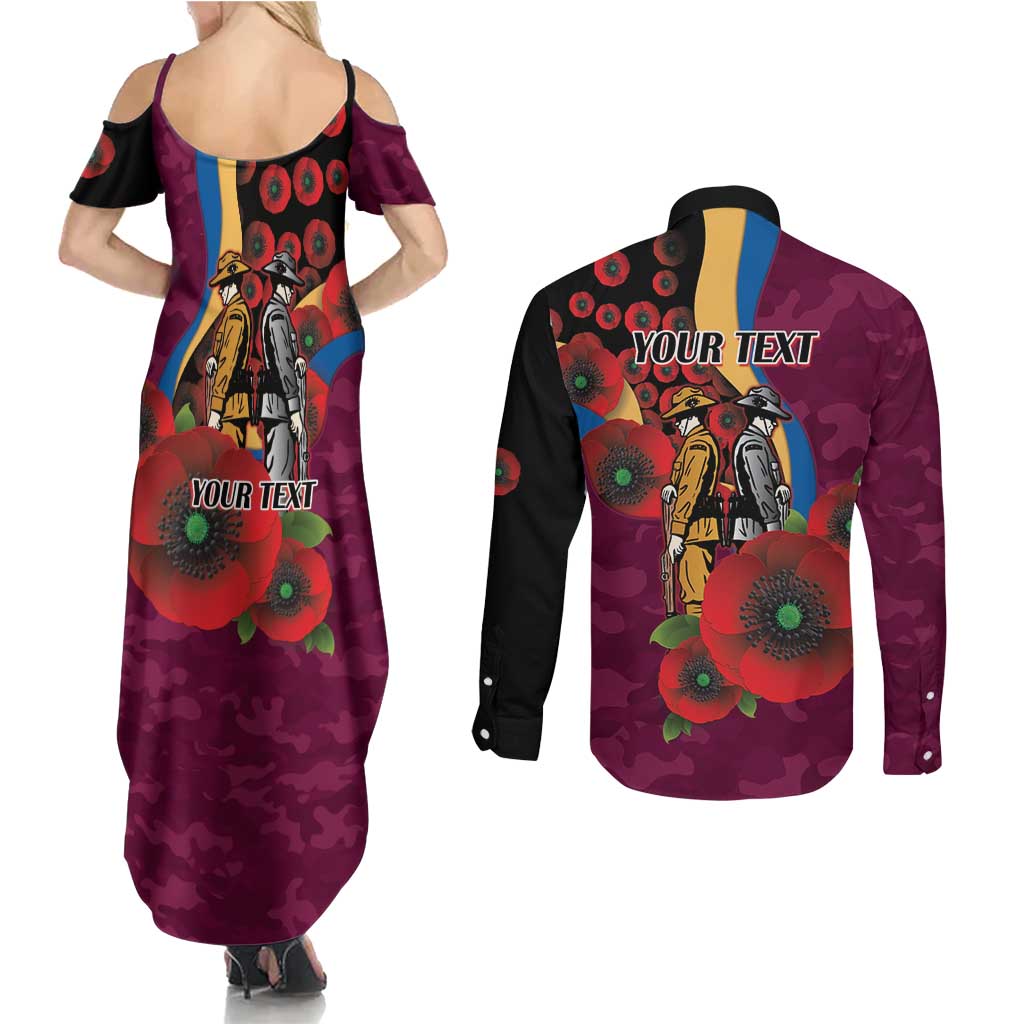 Brisbane Lions ANZAC Personalised Couples Matching Summer Maxi Dress and Long Sleeve Button Shirt Lest We Forget Poppy Camo