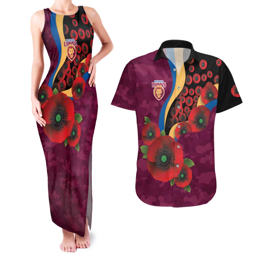 Brisbane Lions ANZAC Personalised Couples Matching Tank Maxi Dress and Hawaiian Shirt Lest We Forget Poppy Camo