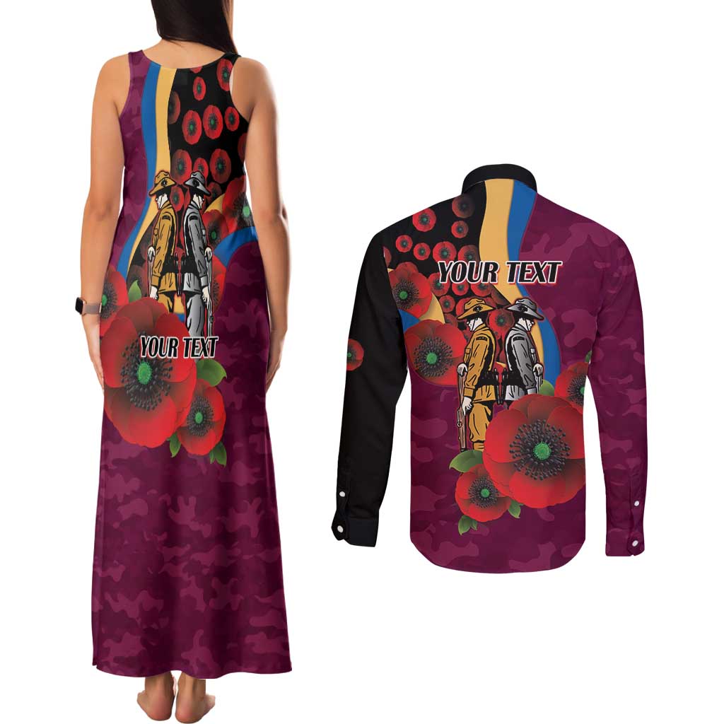 Brisbane Lions ANZAC Personalised Couples Matching Tank Maxi Dress and Long Sleeve Button Shirt Lest We Forget Poppy Camo