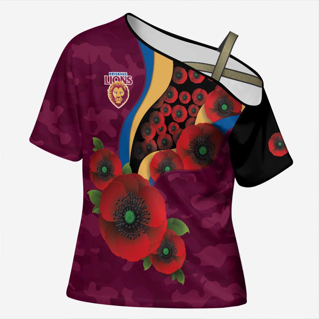 Brisbane Lions ANZAC Personalised Cross Shoulder Shirt Lest We Forget Poppy Camo