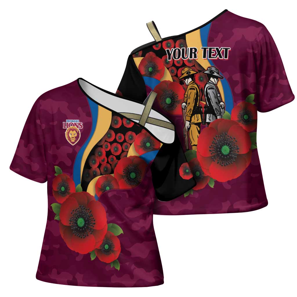 Brisbane Lions ANZAC Personalised Cross Shoulder Shirt Lest We Forget Poppy Camo