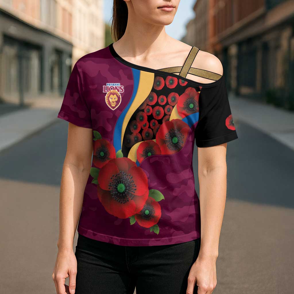 Brisbane Lions ANZAC Personalised Cross Shoulder Shirt Lest We Forget Poppy Camo