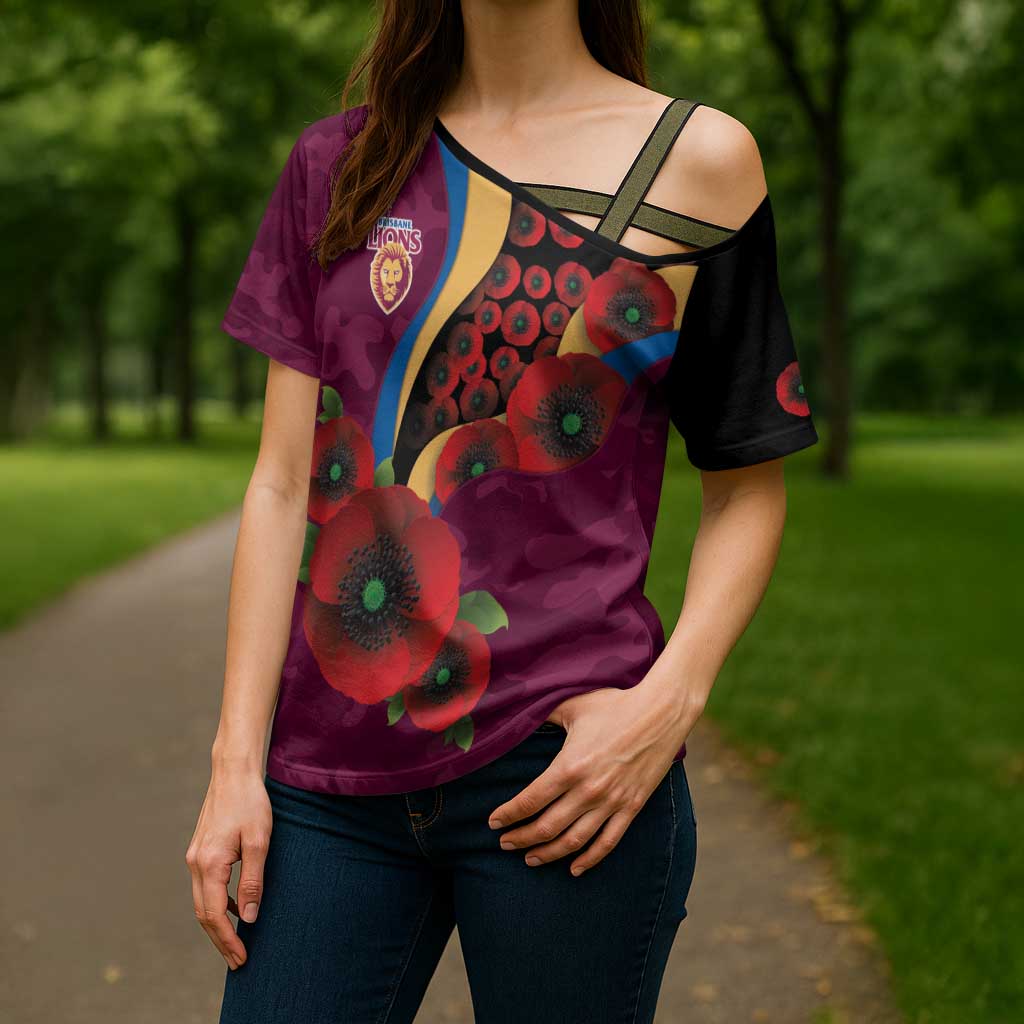 Brisbane Lions ANZAC Personalised Cross Shoulder Shirt Lest We Forget Poppy Camo