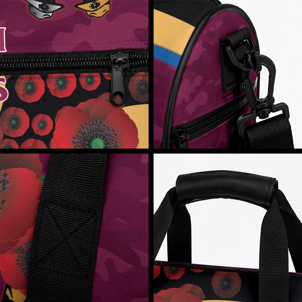 Brisbane Lions ANZAC Personalised Duffle Bag Lest We Forget Poppy Camo
