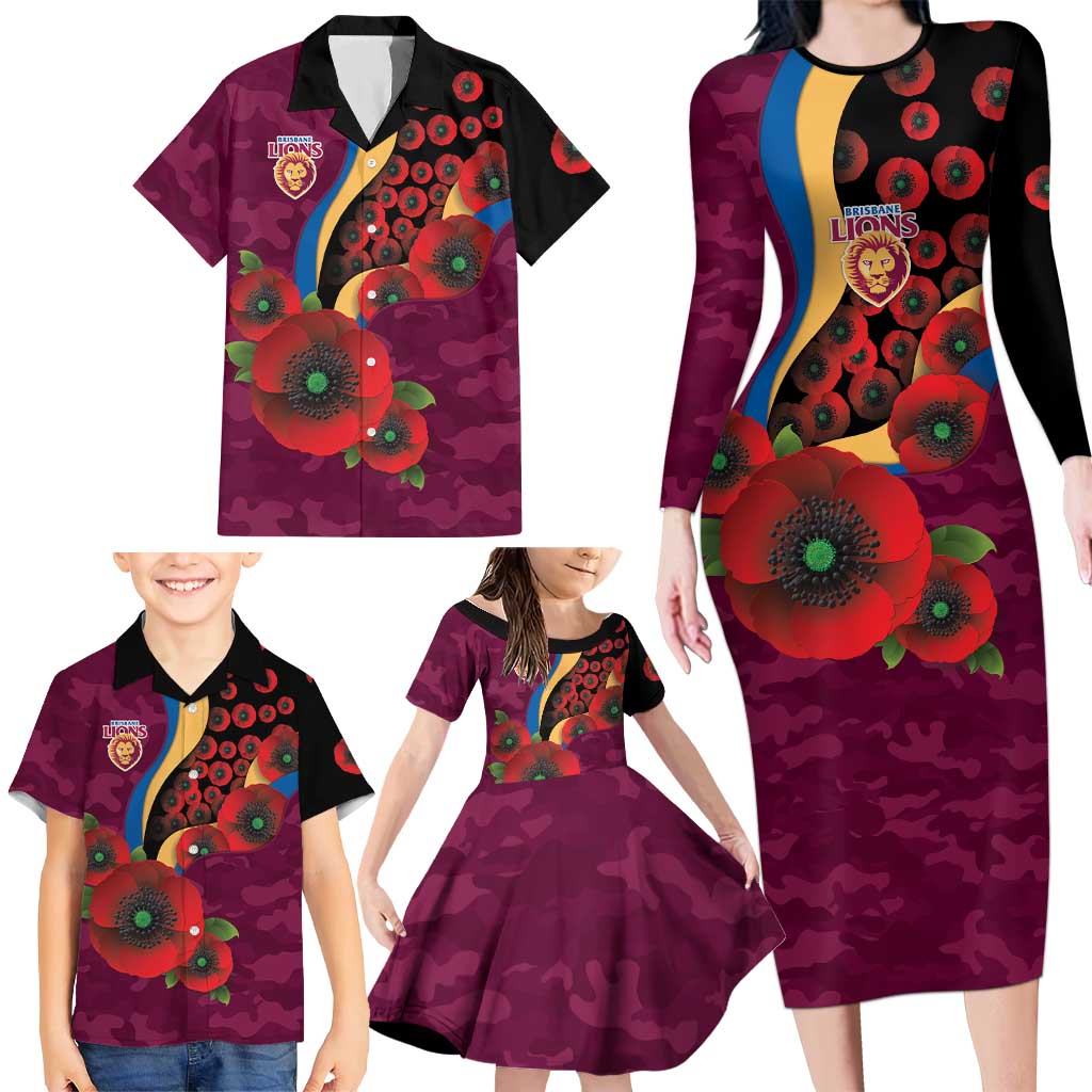 Brisbane Lions ANZAC Personalised Family Matching Long Sleeve Bodycon Dress and Hawaiian Shirt Lest We Forget Poppy Camo