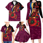 Brisbane Lions ANZAC Personalised Family Matching Long Sleeve Bodycon Dress and Hawaiian Shirt Lest We Forget Poppy Camo